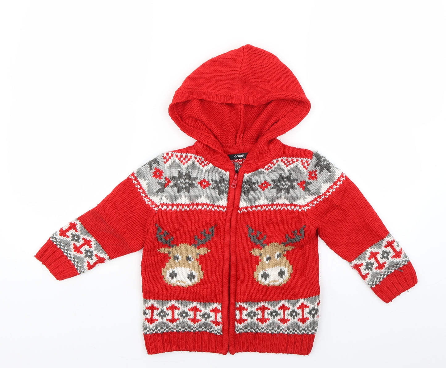 George Boys Red Geometric  Full Zip Jumper Size 2-3 Years  - Christmas