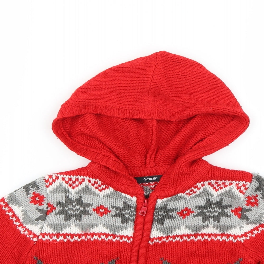 George Boys Red Geometric  Full Zip Jumper Size 2-3 Years  - Christmas