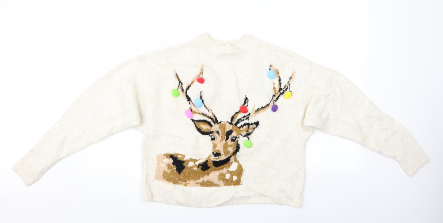 Topshop Womens Ivory Animal Print  Pullover Jumper Size 6  - Christmas Reindeer
