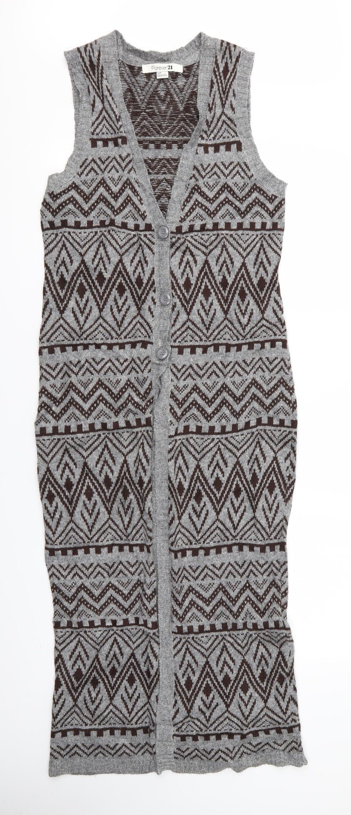 FOREVER 21 Womens Multicoloured Geometric Cardigan Jumper Size S - Longline Knit Waistcoat