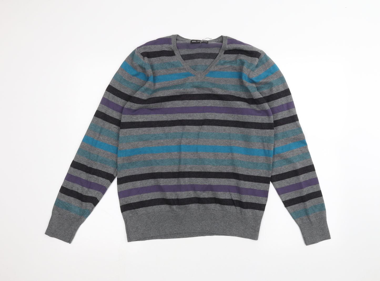 Marks and Spencer Mens Grey Striped  Basic T-Shirt Size M
