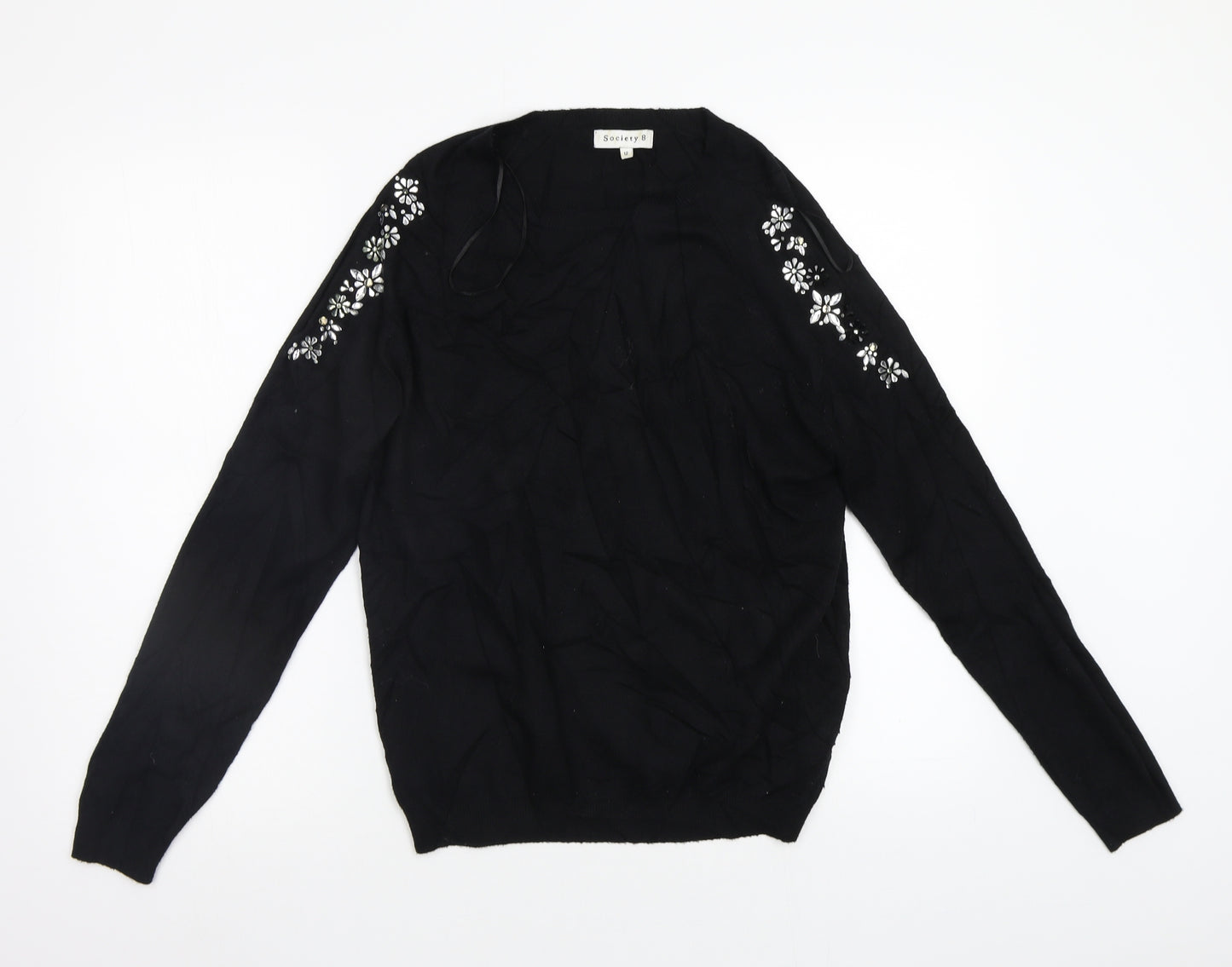 Society 8 Womens Black Floral  Pullover Jumper Size 12  - Embellished