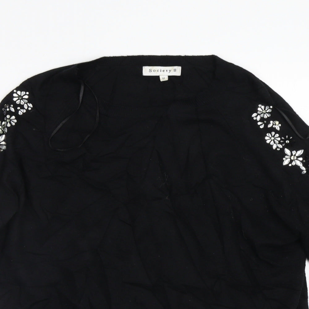 Society 8 Womens Black Floral  Pullover Jumper Size 12  - Embellished