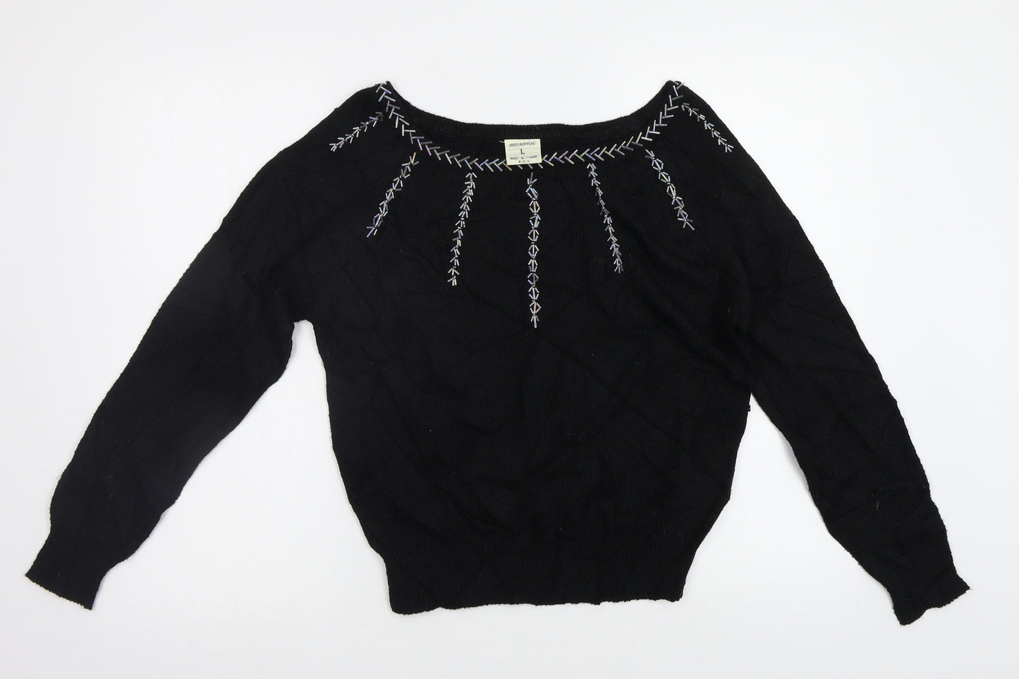 Preworn Womens Black   Pullover Jumper Size L  - Embelished Neckline