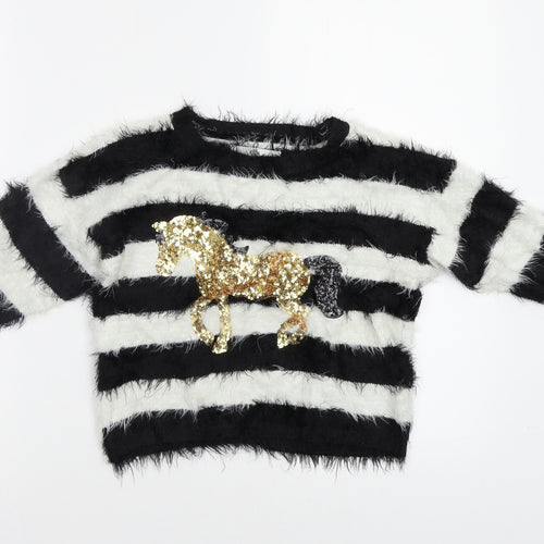 M&S Girls White Striped  Pullover Jumper Size 6-7 Years  - Sequin Horse