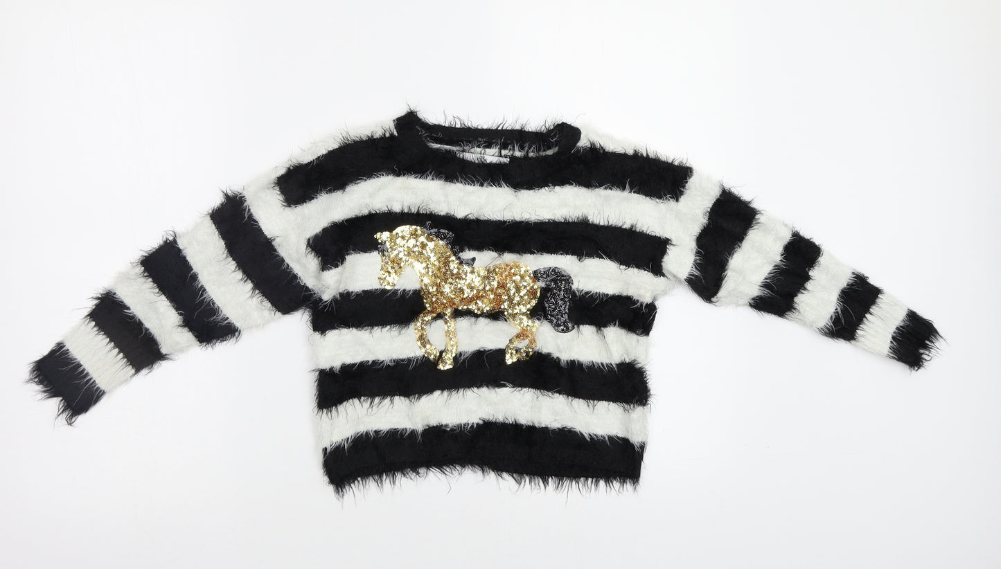 M&S Girls White Striped  Pullover Jumper Size 6-7 Years  - Sequin Horse