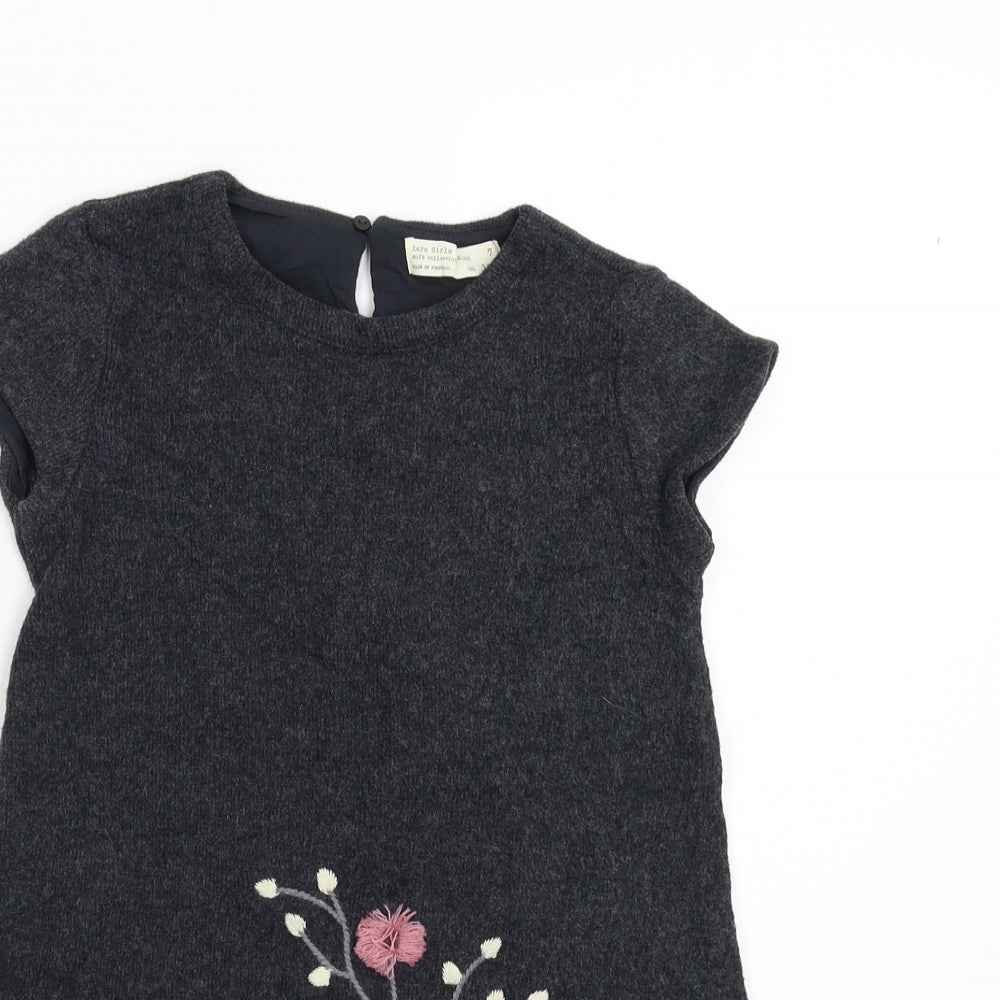 Zara Girls Grey Floral Knit Jumper Dress  Size 7 Years