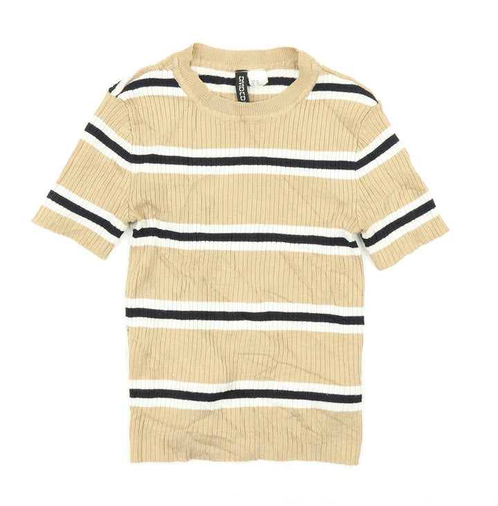 Divided Womens Brown Striped Knit Basic T-Shirt Size XS