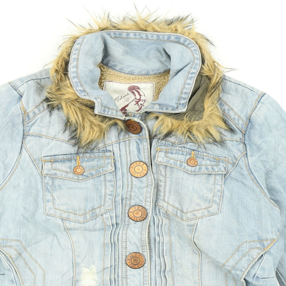 River Island Womens Blue  Denim Jacket  Size 16  - Removable fur collar