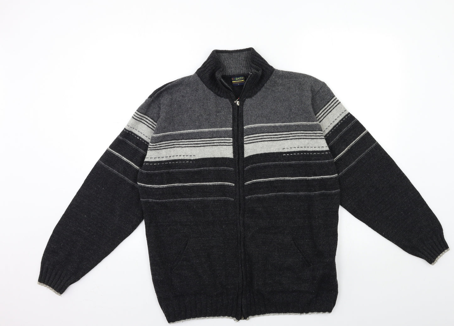 ehlen Mens Grey Striped Knit Cardigan Jumper Size L