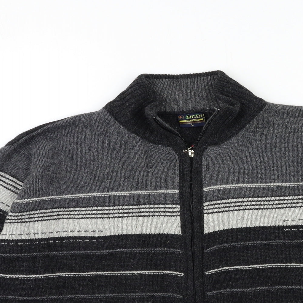 ehlen Mens Grey Striped Knit Cardigan Jumper Size L