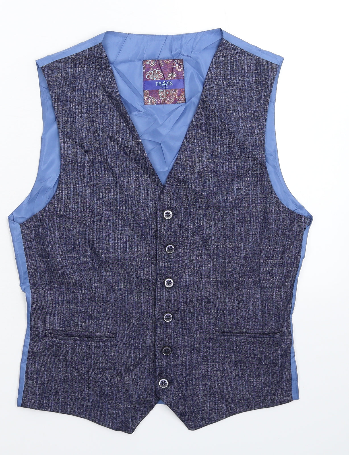 Travis Mens Blue Striped  Jacket Suit Waistcoat Size 36
