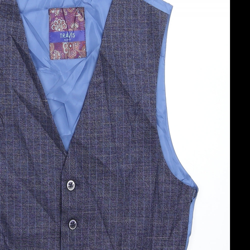 Travis Mens Blue Striped  Jacket Suit Waistcoat Size 36