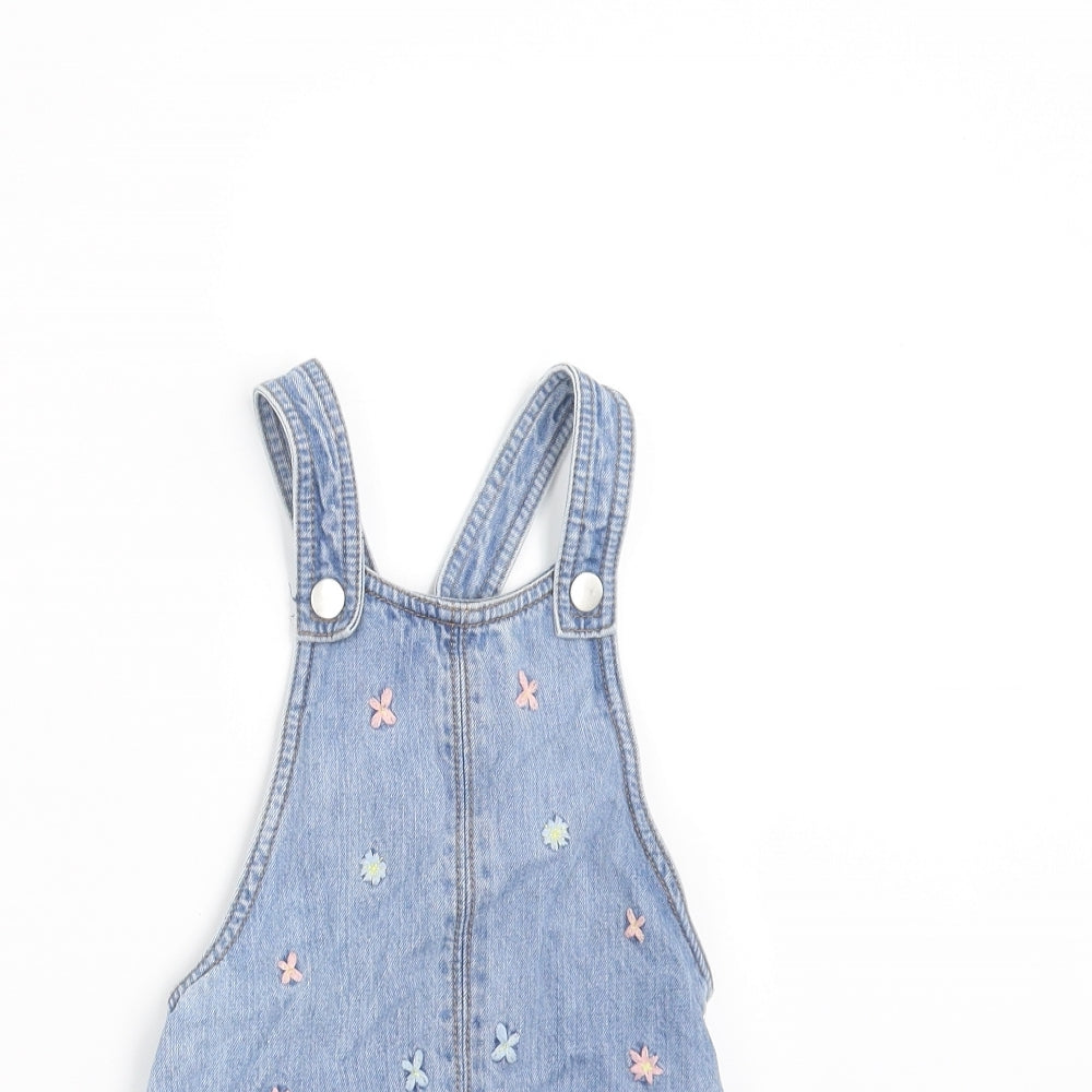 F&F Girls Blue Floral Denim Pinafore/Dungaree Dress  Size 3-4 Years