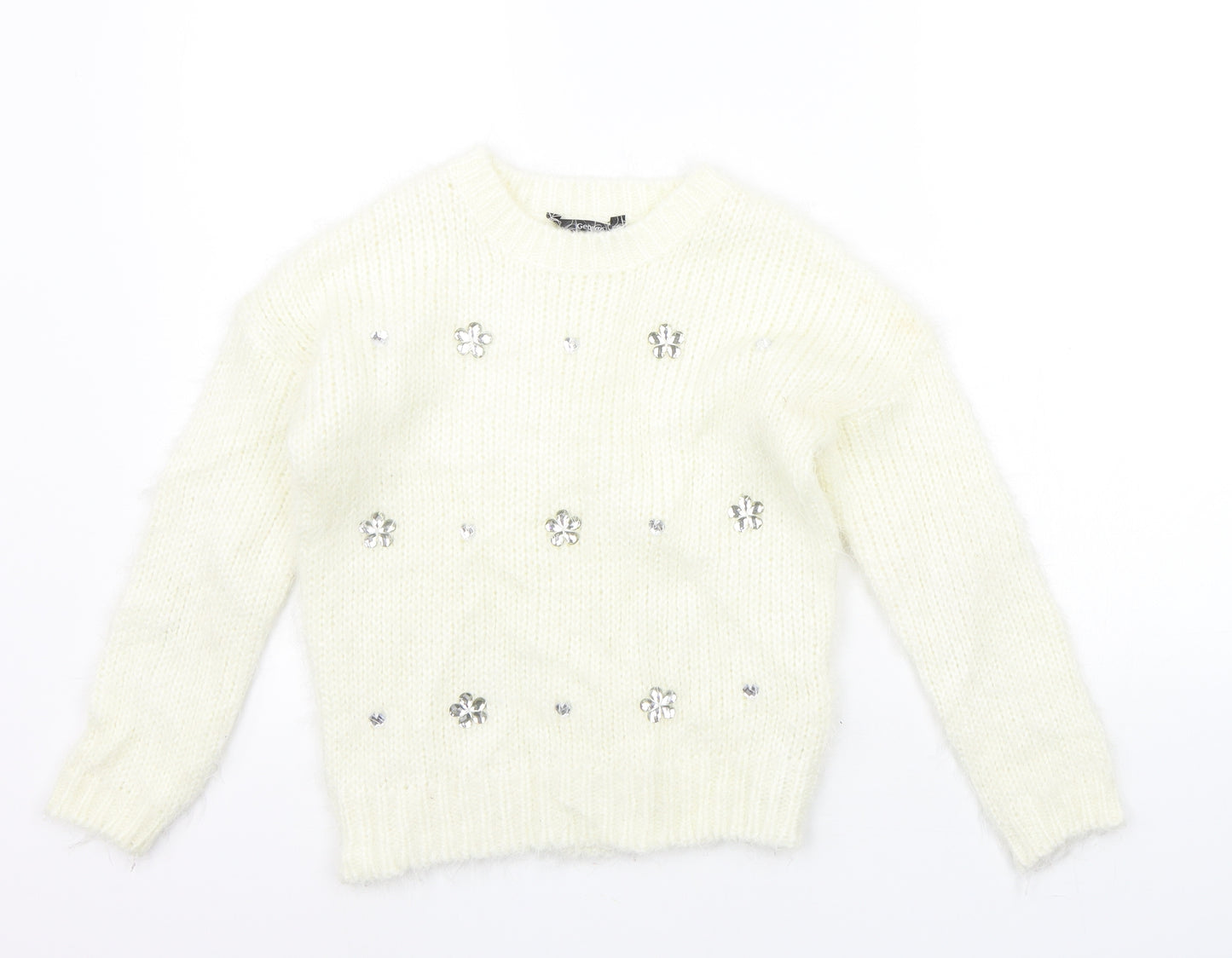 George Girls White   Pullover Jumper Size 8-9 Years  - details on chest