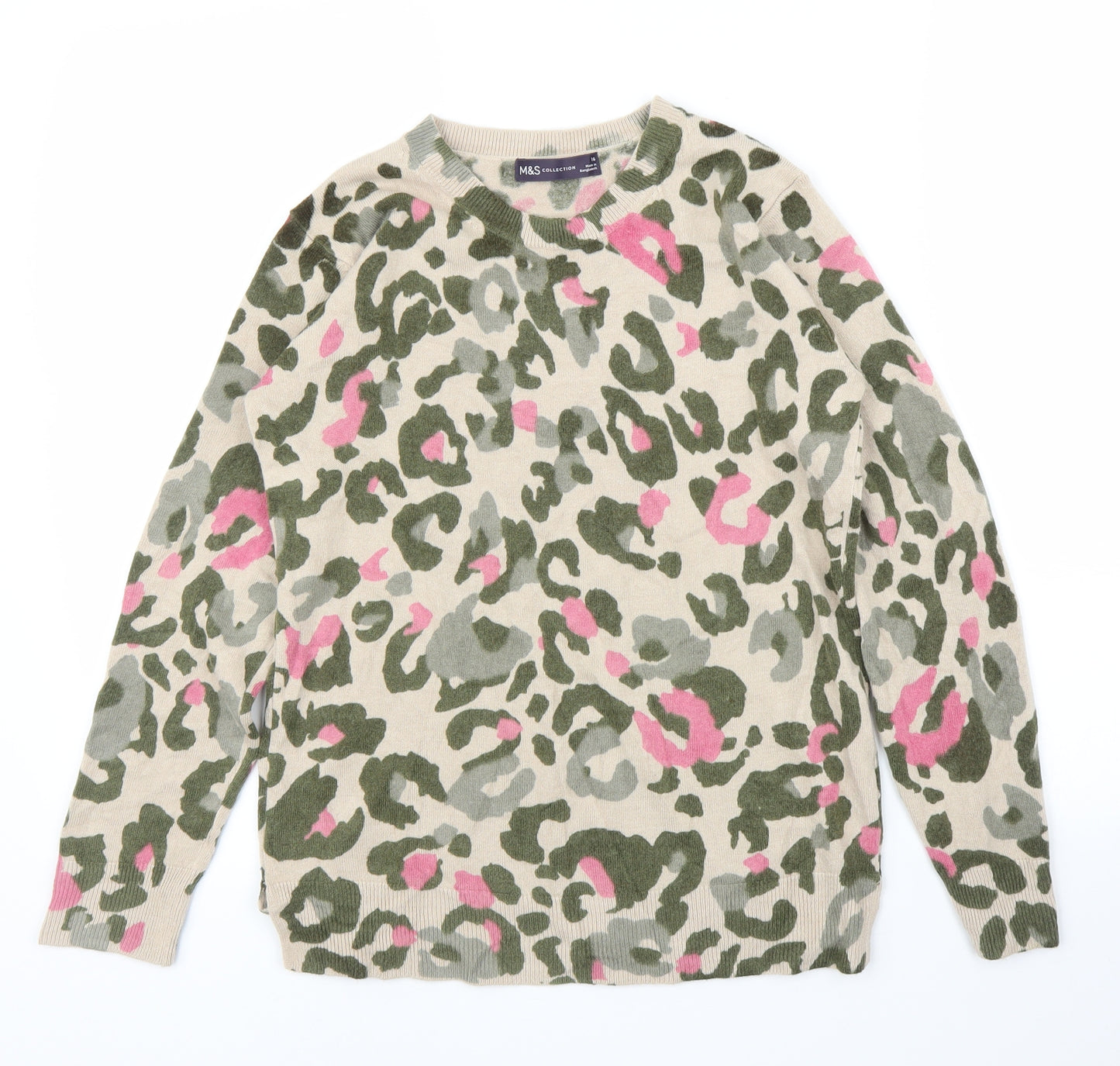 M&S Womens Green Animal Print  Pullover Jumper Size 16  - Leopard print