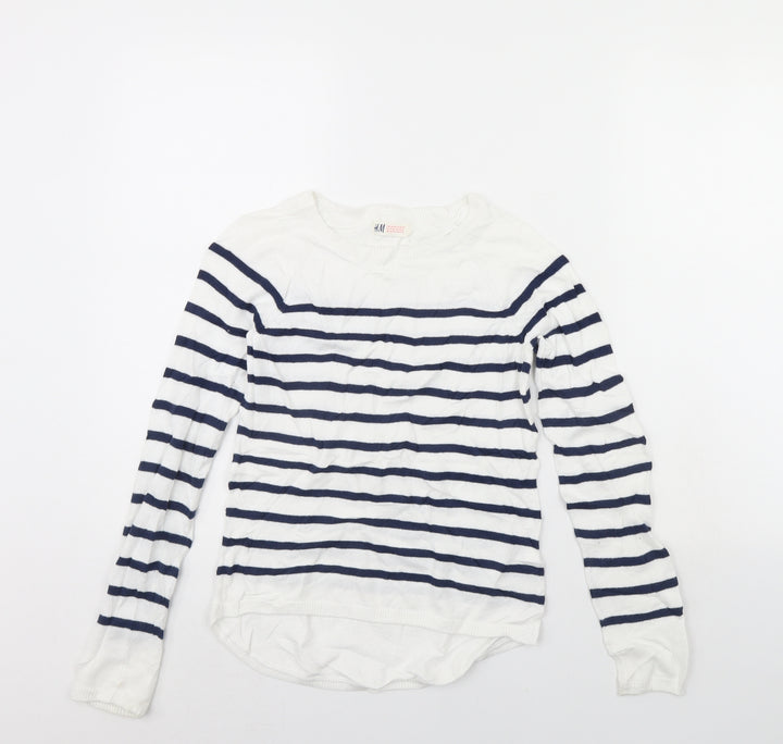 H&M Girls White Striped Pullover Jumper Size 10 Years