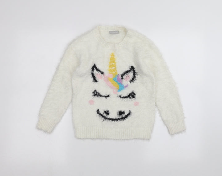 Matalan Girls White   Pullover Jumper Size 8 Years  - Unicorn