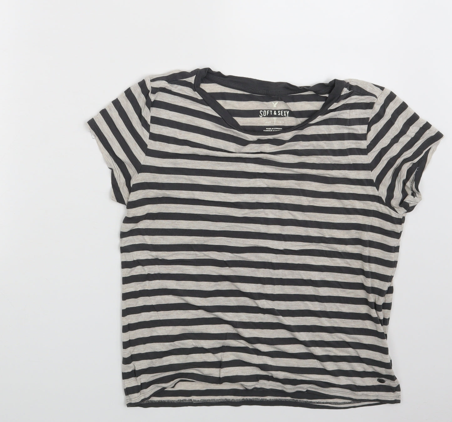 SOFT & SEXY Womens Grey Striped  Basic T-Shirt Size M