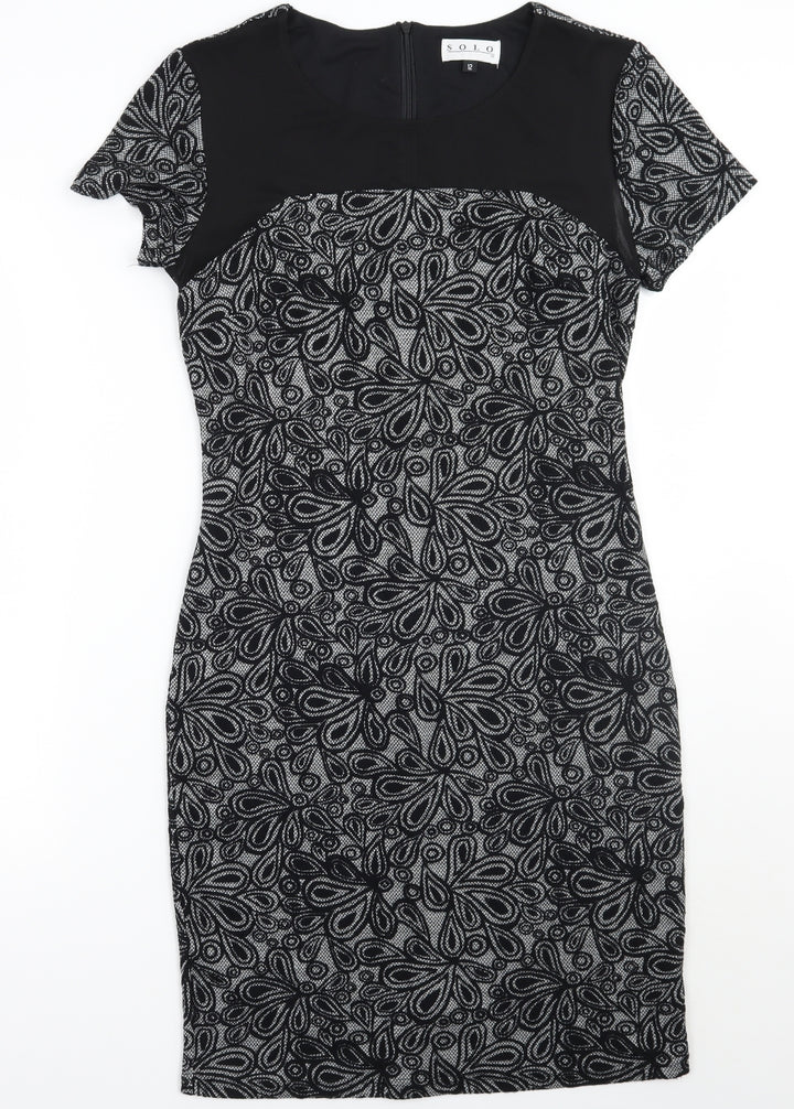 Solo Womens Black Floral A-Line Size 12