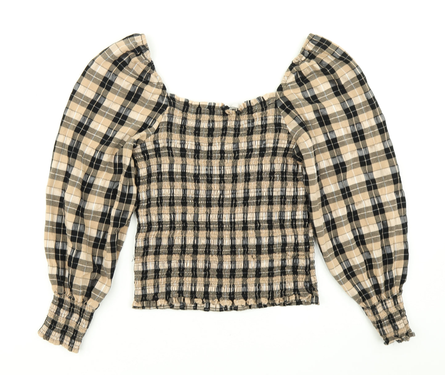 TU Womens Brown Plaid  Basic Blouse Size 8  - Balloon sleeve