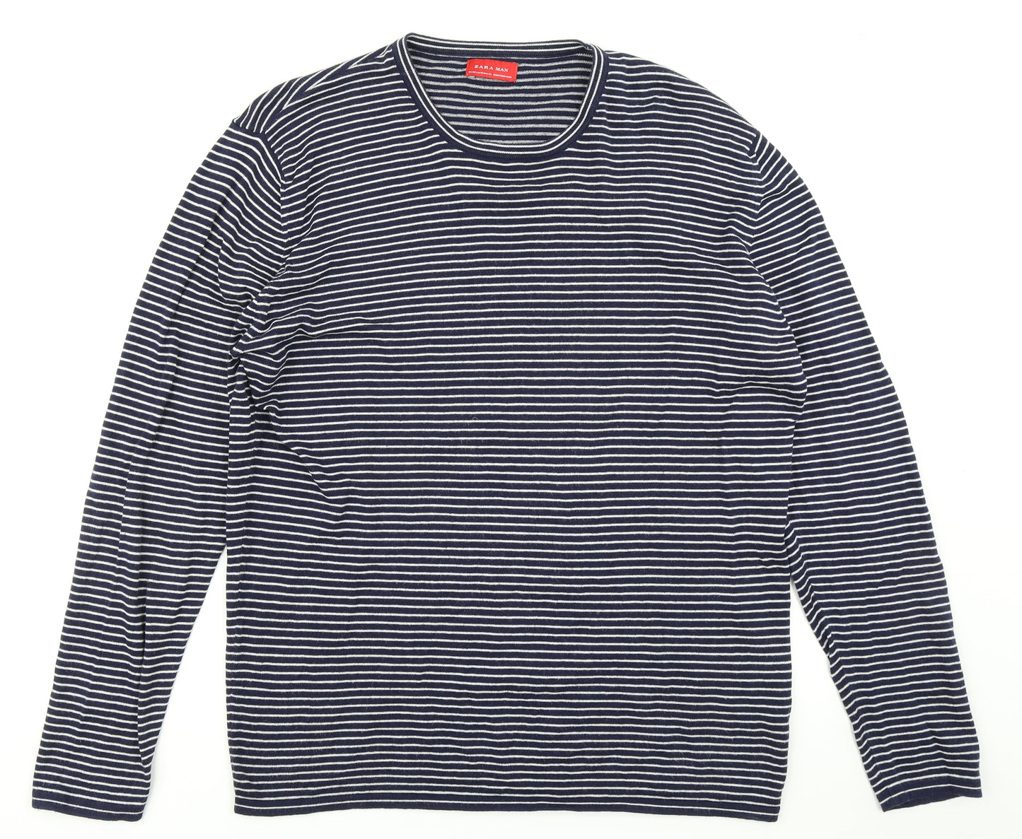 Zara Mens Blue Striped   T-Shirt Size XL
