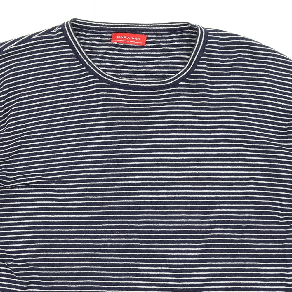 Zara Mens Blue Striped   T-Shirt Size XL