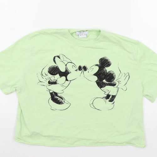 Bershka Girls Green  Jersey Basic T-Shirt Size XS  - Mickey and Minnie