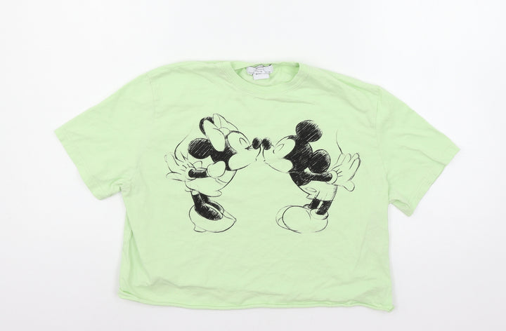 Bershka Girls Green  Jersey Basic T-Shirt Size XS  - Mickey and Minnie