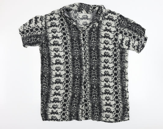 Front view of ASOS women’s grey animal print basic button-up, size UK 12
