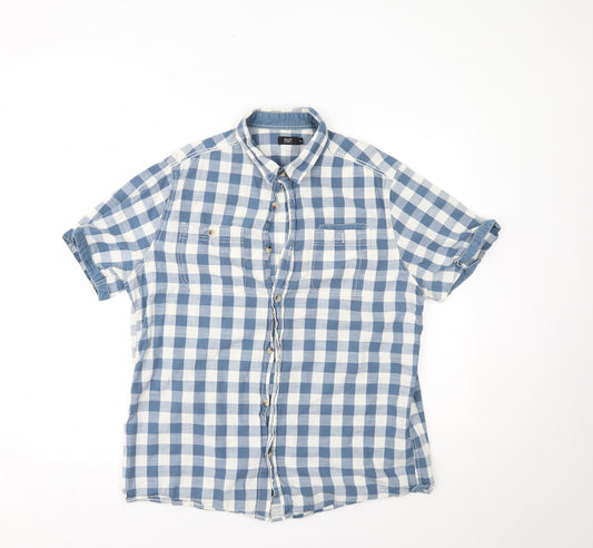 Front view of F&F men’s blue plaid button-up, size XL