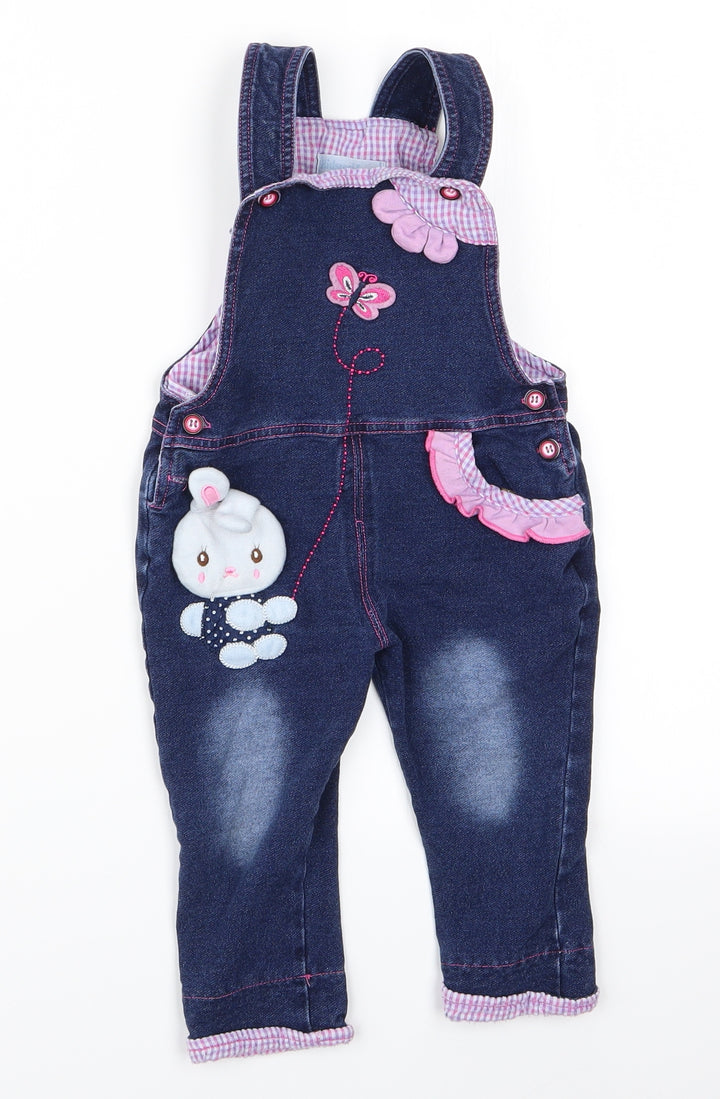 Kidscoolspace Girls Blue Animal Print Dungaree One-Piece - Rabbit Logo