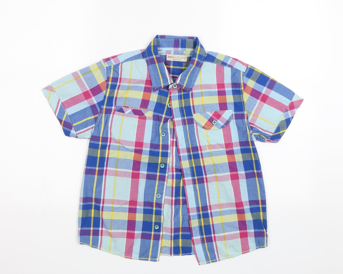 M&S Boys Blue Plaid  Basic Button-Up Size 9 Years