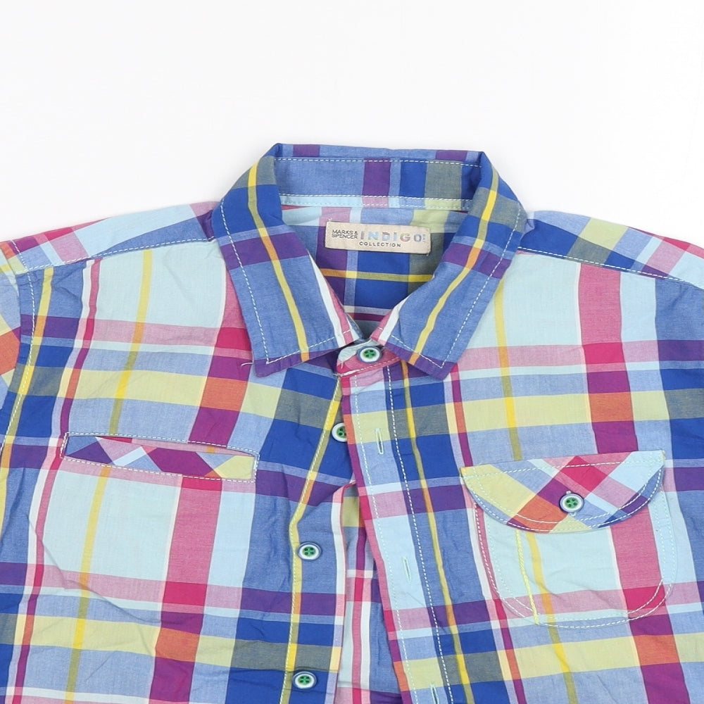 M&S Boys Blue Plaid  Basic Button-Up Size 9 Years