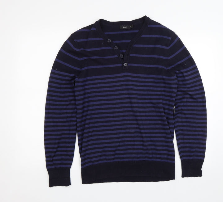 F&F Mens Blue Striped Pullover Jumper Size S