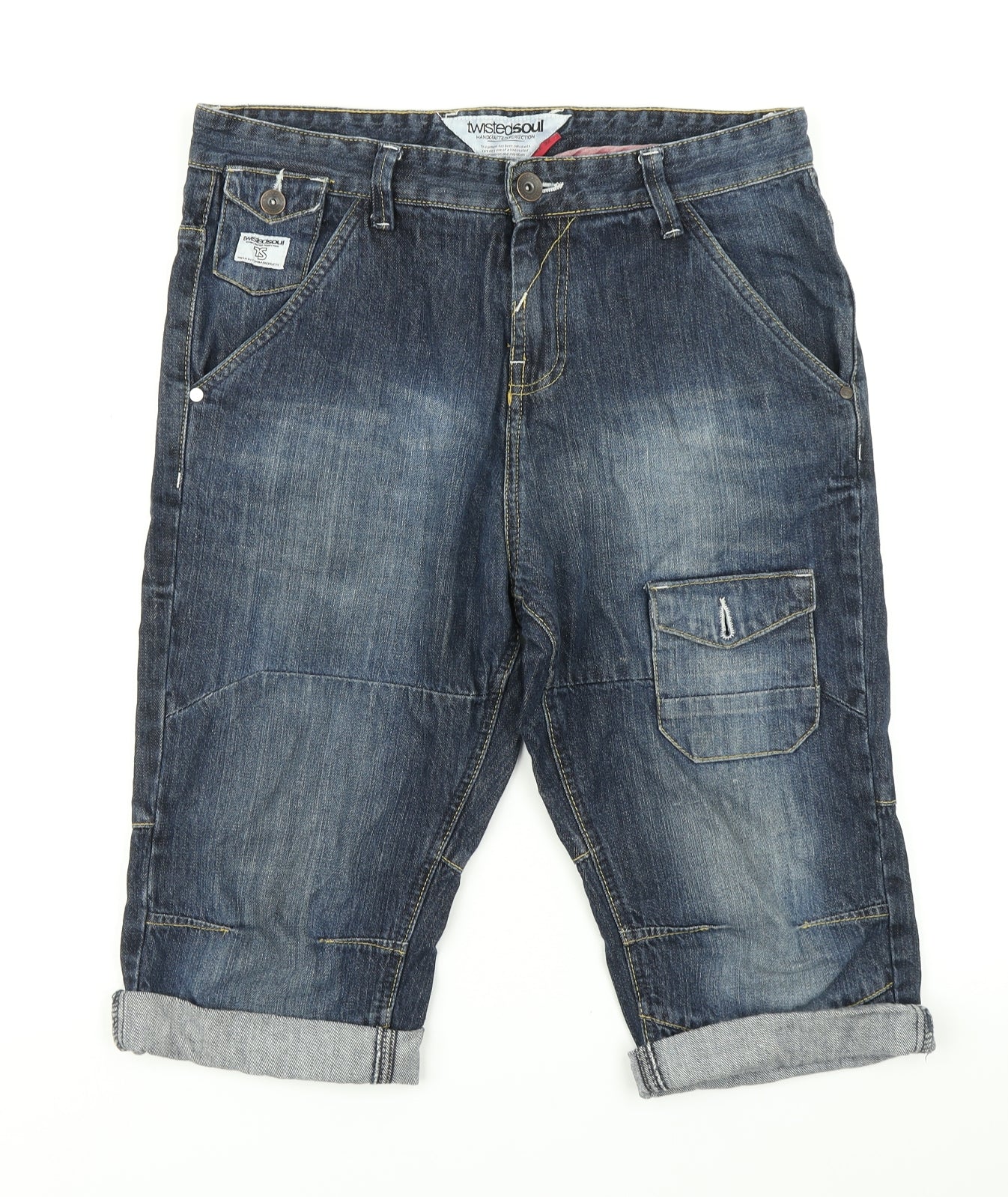 Twisted Soul Mens Blue  Denim Cargo Shorts Size 32 in