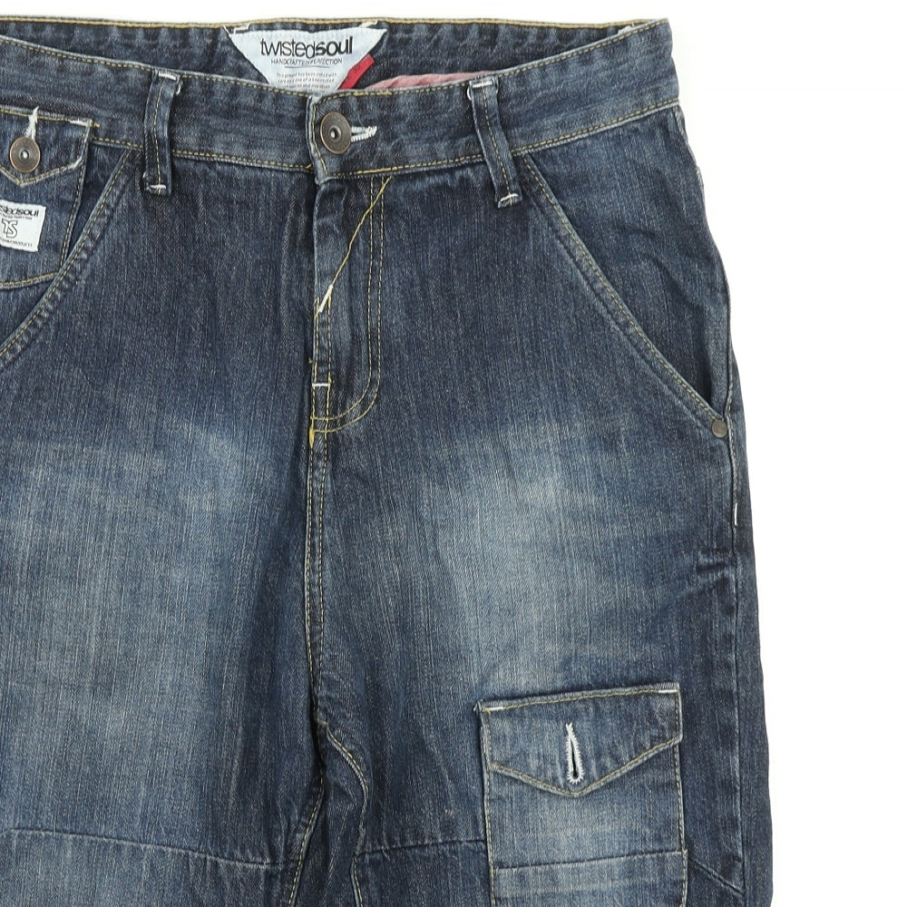 Twisted Soul Mens Blue  Denim Cargo Shorts Size 32 in