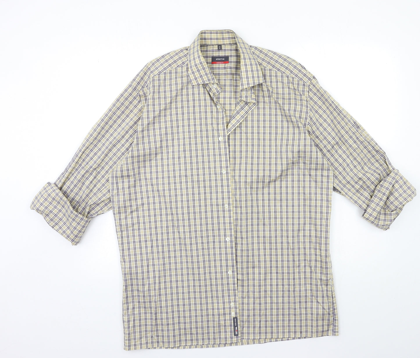 Eterna Mens Beige Check   Button-Up Size 16