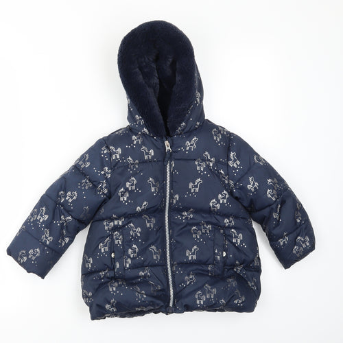 M&S Girls Blue Animal Print  Basic Coat Coat Size 2-3 Years