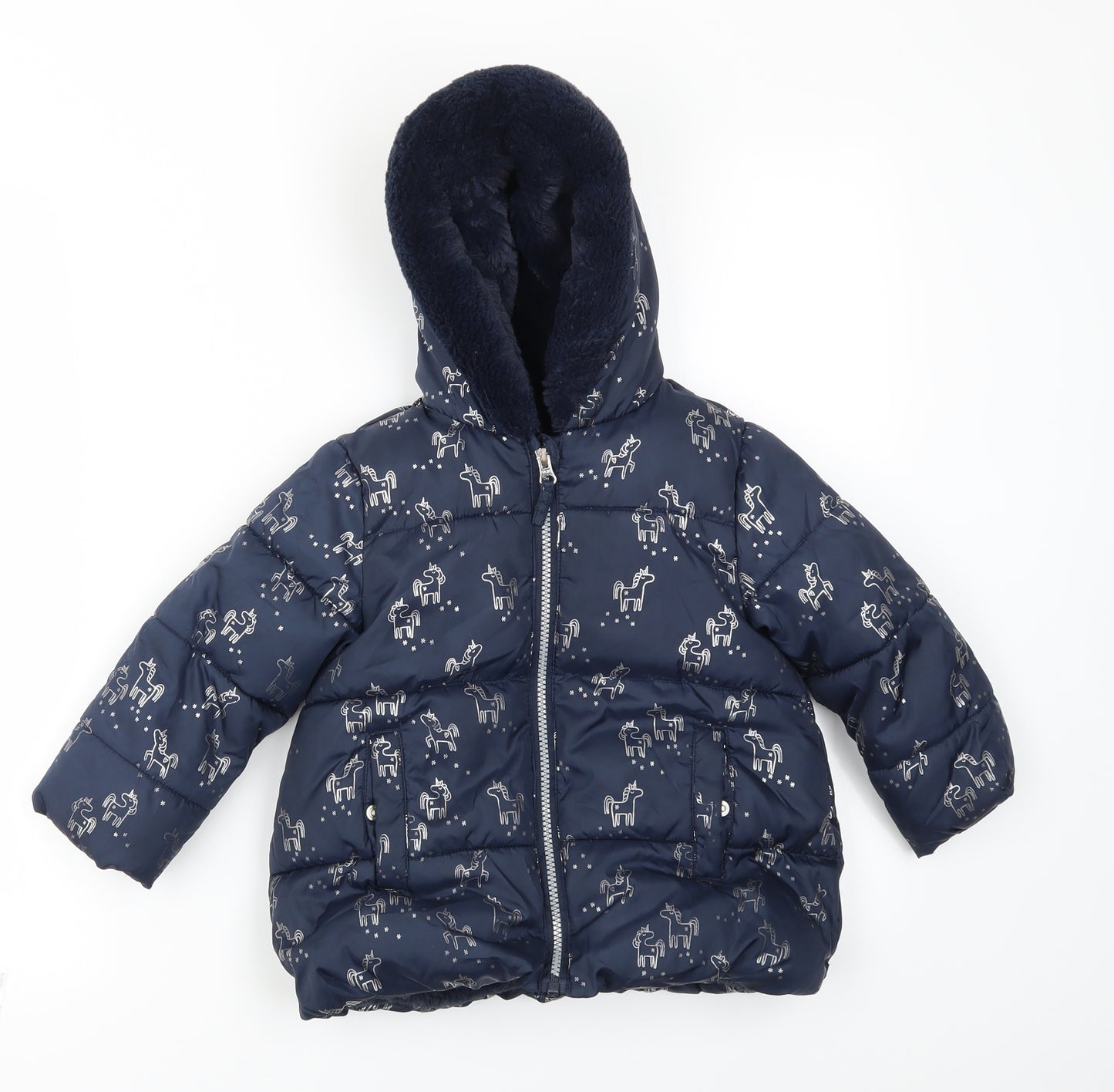 M&S Girls Blue Animal Print  Basic Coat Coat Size 2-3 Years