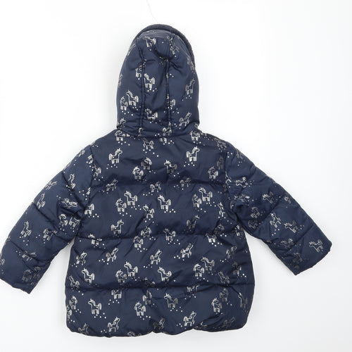 M&S Girls Blue Animal Print  Basic Coat Coat Size 2-3 Years