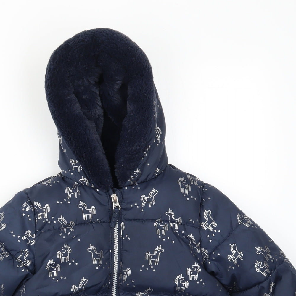 M&S Girls Blue Animal Print  Basic Coat Coat Size 2-3 Years
