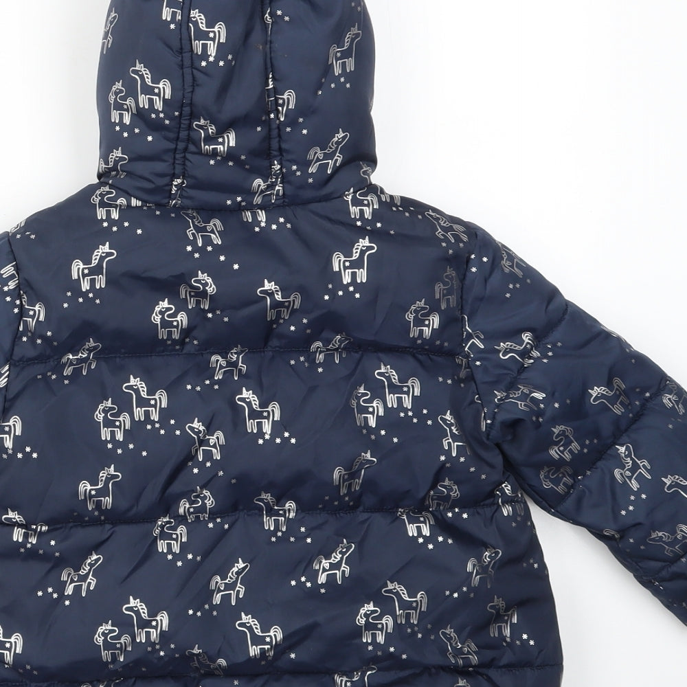 M&S Girls Blue Animal Print  Basic Coat Coat Size 2-3 Years