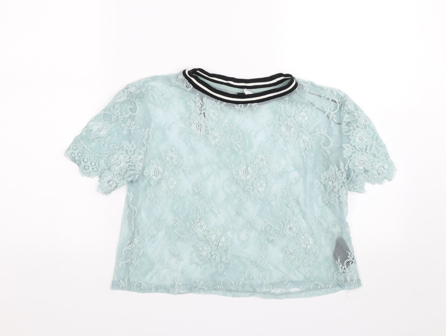 H&M Womens Blue Floral Lace Basic T-Shirt Size S  - Transparent