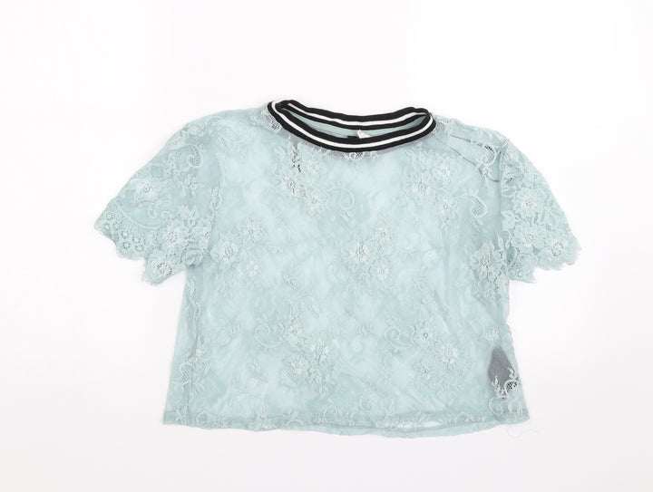 H&M Womens Blue Floral Lace Basic T-Shirt Size S  - Transparent