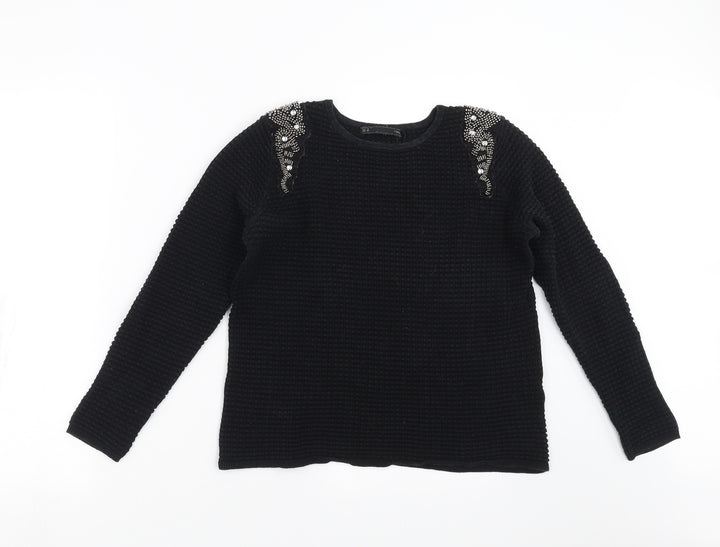 Sfera Womens Black Geometric  Pullover Jumper Size M  - beaded