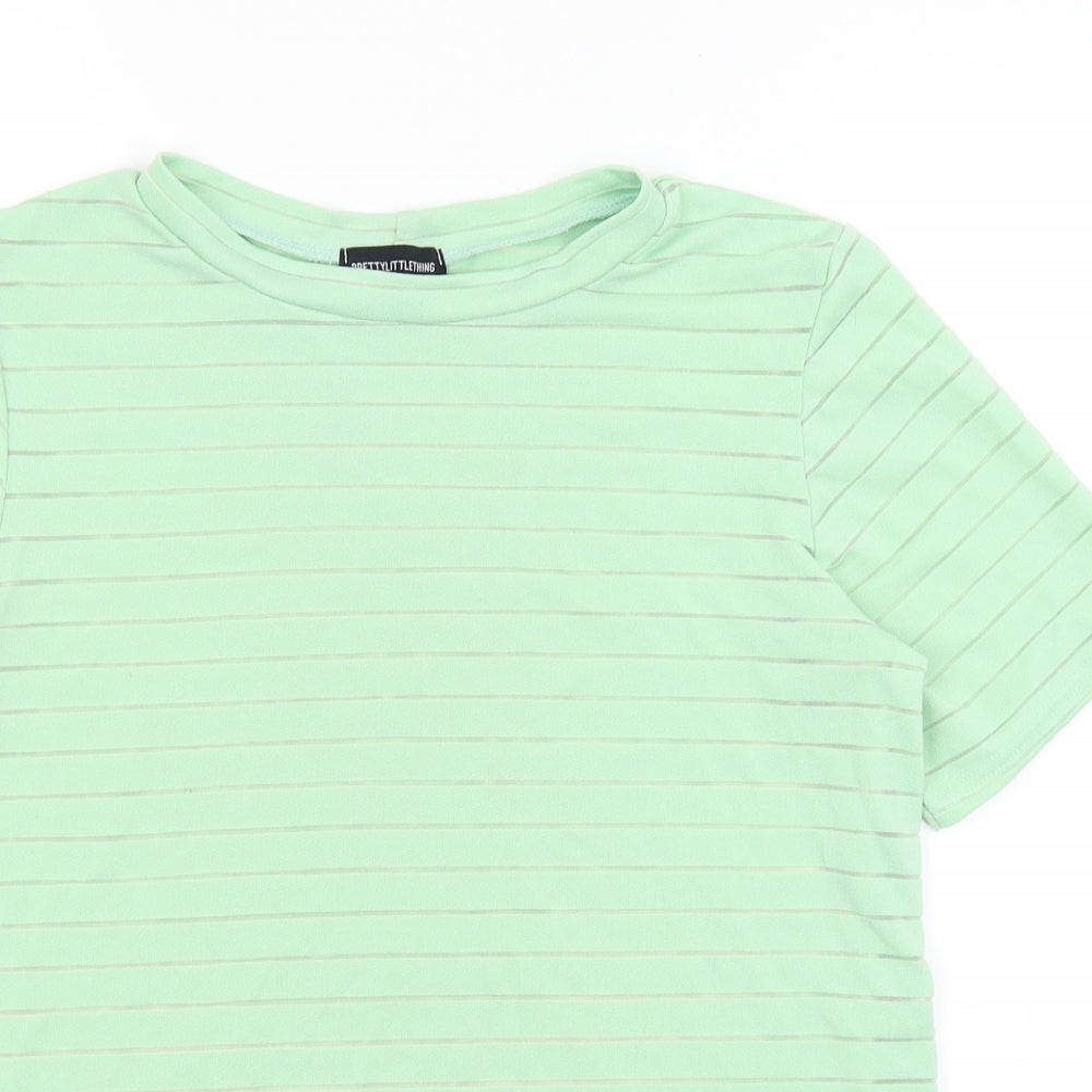 Pretty Little Thing Womens Green Striped  Basic T-Shirt Size 12