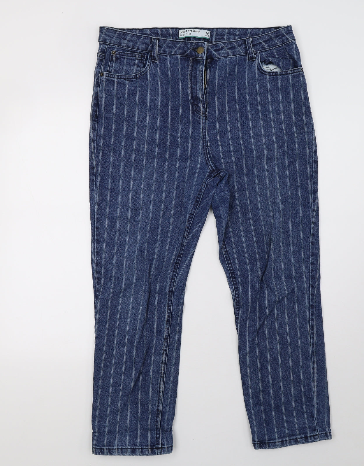 NEXT Womens Blue Striped Denim Straight Jeans Size 16 L28 in