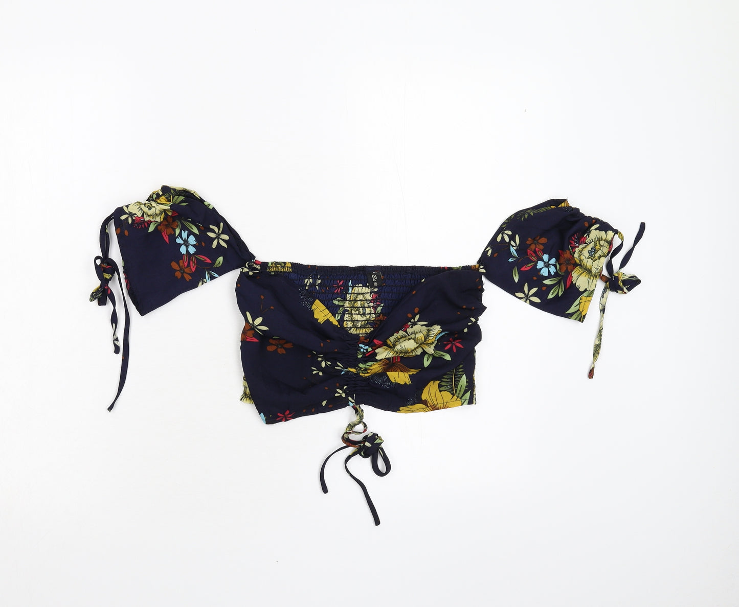 Bi Fang Womens Blue Floral  Cropped Blouse Size M