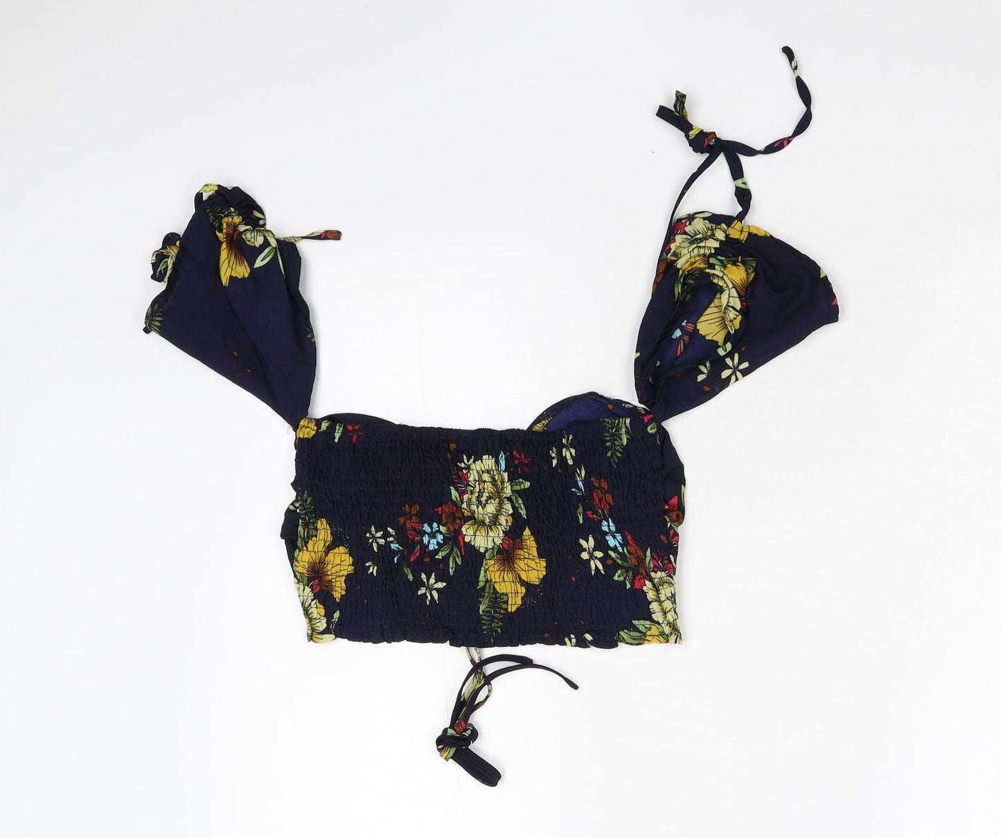 Bi Fang Womens Blue Floral  Cropped Blouse Size M